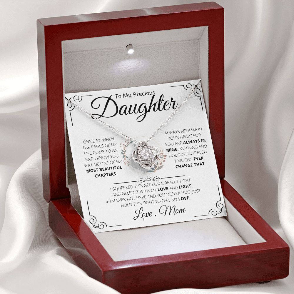 To My Precious Daughter From Mom Necklace Gift | Love Knot Necklace | One Day When The Pages Of My Life Come To An End I Know You Will Be One Of My The Most Beautiful Chapters