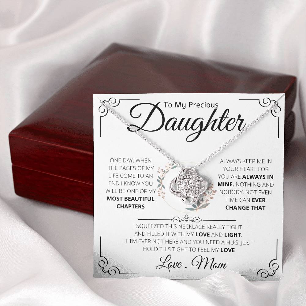 To My Precious Daughter From Mom Necklace Gift | Love Knot Necklace | One Day When The Pages Of My Life Come To An End I Know You Will Be One Of My The Most Beautiful Chapters