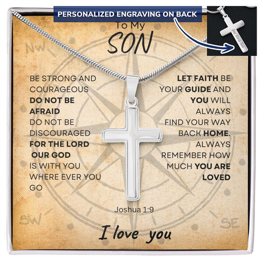 Personalized Cross Necklace For Son | Personalized Engraving Gift Necklace | Joshua 1:9